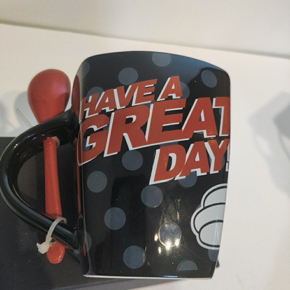 Mickey Mouse Coffee Mug NWOT Black, Red ,Polka Dots, Red Spoon, by Jerry Leigh - Picture 2 of 7